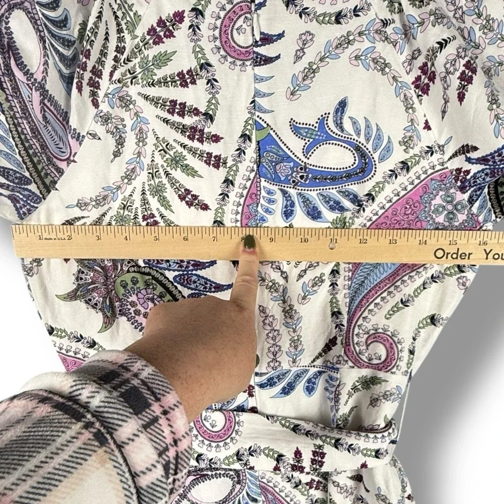 Loft Paisley Linen Blend Belted Puff Sleeve Dress Women's‎ Size 0 Lined V-Neck